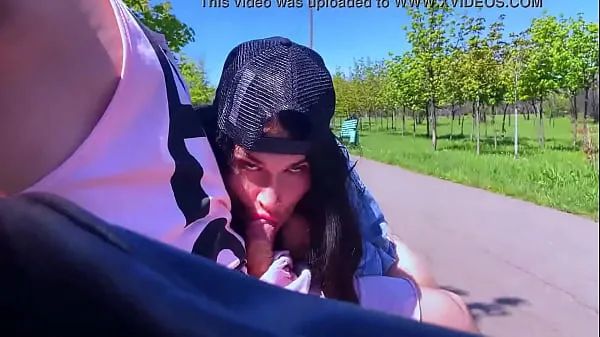 Sucked cock on the street in the park to a stranger and got a lot of hot cum in her mouth